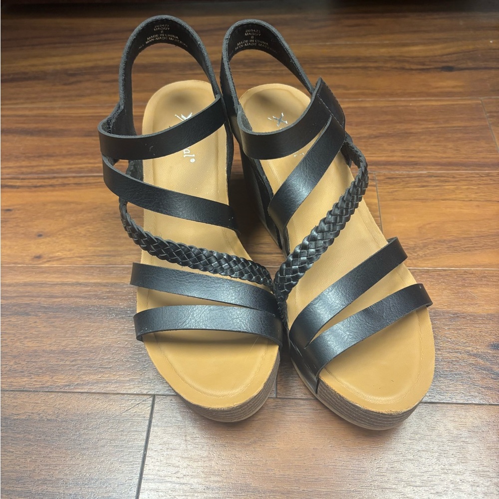 Xappeal Black Braided Strappy Wedge Sandals